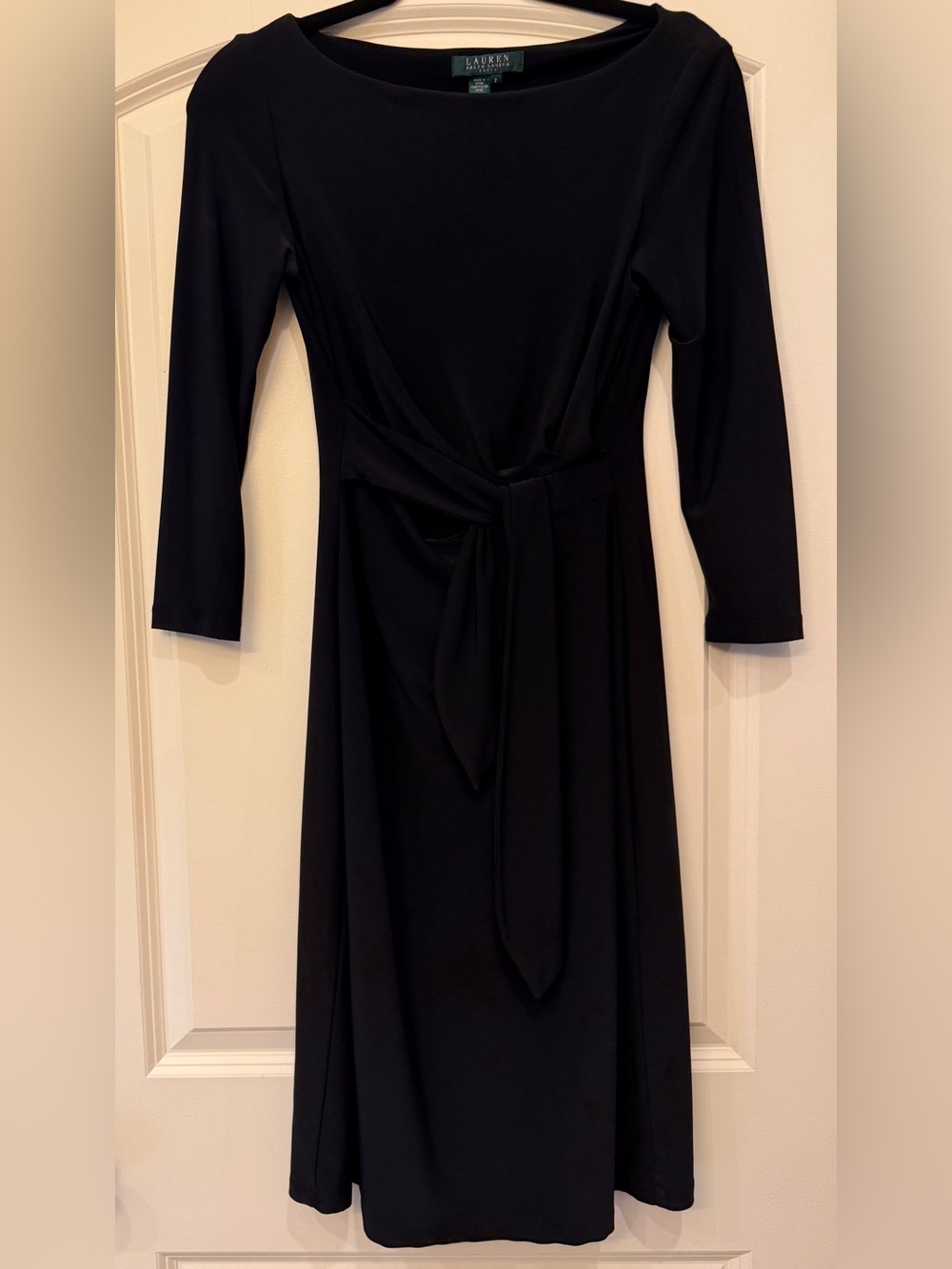 Lauren Ralph Lauren Black Matte Jersey Tie Waist Midi Dress Size 2